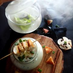 Smoky creamy mushroom soup with garlic croutons A picture of Smoky creamy mushroom soup with garlic croutons.