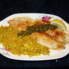 A picture of BROILED FLOUNDER WITH MOROCAN CHERMOULA SAUCE.  JON STYLE.