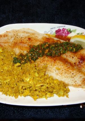 A picture of BROILED FLOUNDER WITH MOROCAN CHERMOULA SAUCE. JON STYLE.