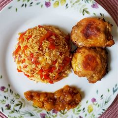 A picture of Fried Rice with Honey Mustard Chicken and Spicy Mango Chutney.