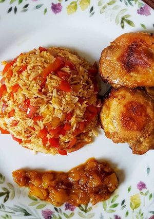 A picture of Fried Rice with Honey Mustard Chicken and Spicy Mango Chutney.