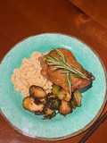 Sous Vide Turkey Thigh w/ a Béchamel Mac n Cheese and deep fried Brussel Sprouts