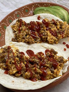 A picture of Wagyu Beef Chorizo and Egg Breakfast Tacos.