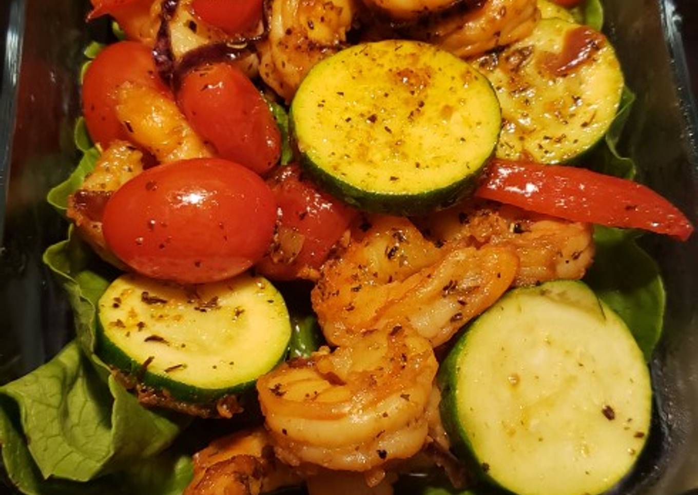 Zucchini prawns on a bed of lettuce