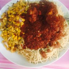 A picture of Spaghetti Chicken Stew with Saute Sweet Corn Egg.