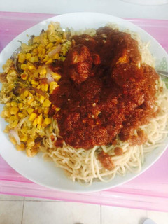 A picture of Spaghetti Chicken Stew with Saute Sweet Corn Egg.