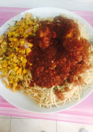 A picture of Spaghetti Chicken Stew with Saute Sweet Corn Egg.