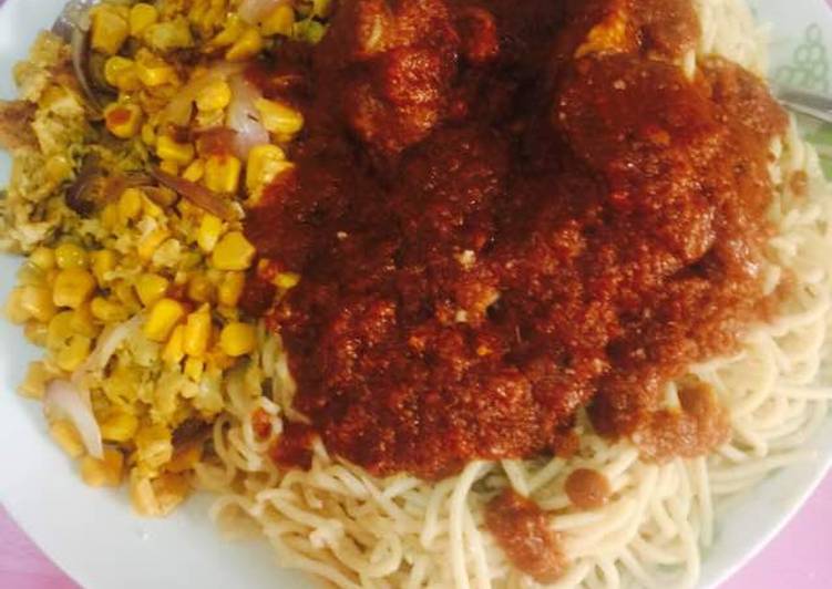 Any-night-of-the-week Spaghetti Chicken Stew with Saute Sweet Corn Egg