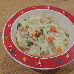 A picture of Hot dog and Vegetable Risotto.