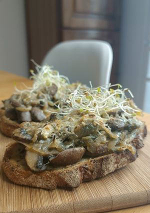 Une photo de 🍄 Tartine aux champignons moutarde à l'ancienne gratiné au Parmesan