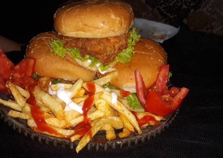 Simple Way to Prepare Any-night-of-the-week Crispy Zinger burger 🍔with crispy fries 🍟