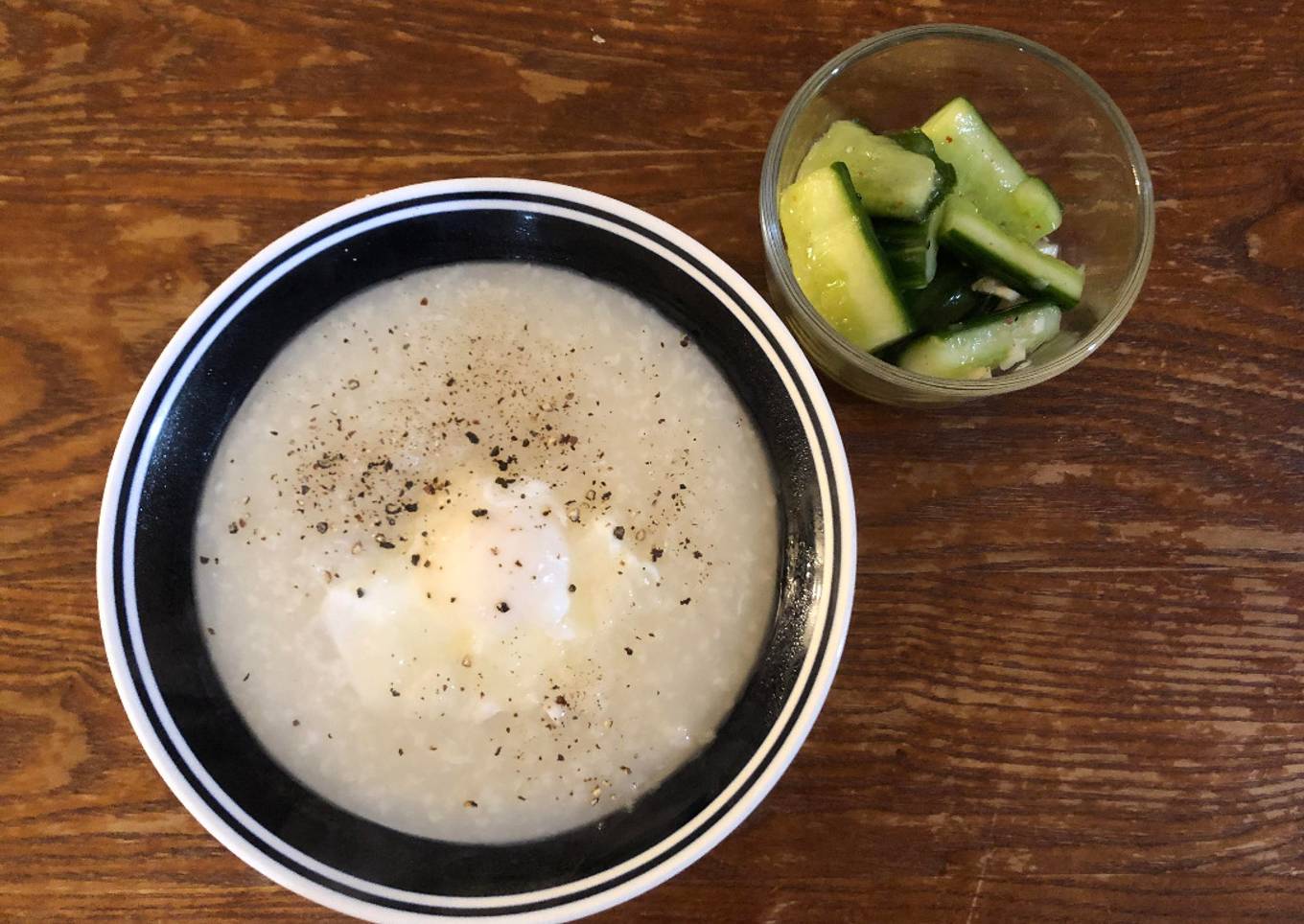 Egg congee and cucumber salad