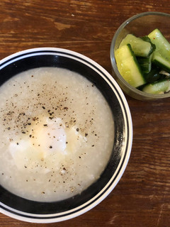 A picture of Let's bond over cucumber salad and egg congee.