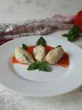 Ricotta and Basil Gnudi on Roasted Red Pepper Cream