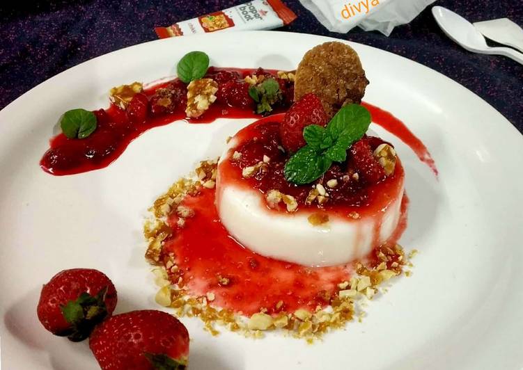 Strawberry panna cotta with caramelized peanuts