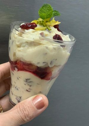 A picture of Cranberry shrikhand trifle { Valentine Dessert }.