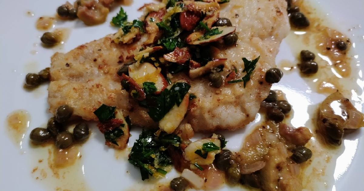 Lemon, caper, and olive fish with almond gremolata Recipe by Robert