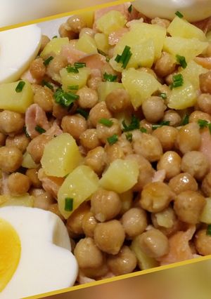 A picture of Warm potato, chickpea and salmon salad.