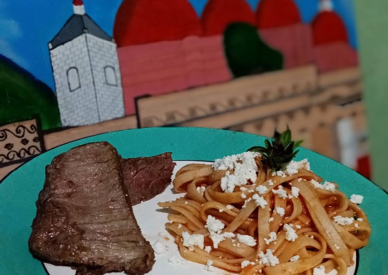Fettuccine arrabiata acompañado de solomillo flameado. 👨‍🍳