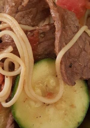 A picture of Angel Hair Pasta with Beef & Veggies.