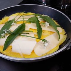 A picture of Wild garlic and goat's cheese omelette.