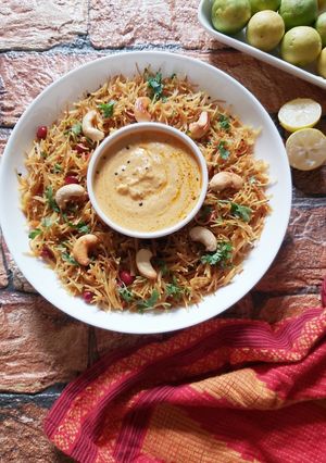 A picture of Lemon Semiya Upma with Carrot Chutney.