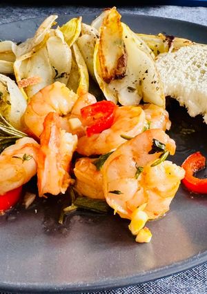 A picture of Caramelized Chicory and Gamba’s aglio olio.