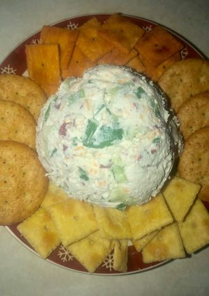 A picture of Dried beef & green onion ranch cheese ball.