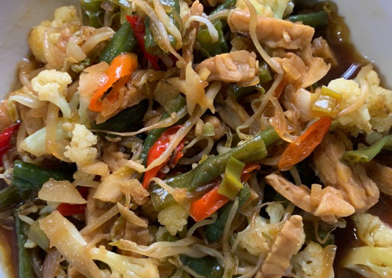 Oseng kacang panjang tempe bunga kol