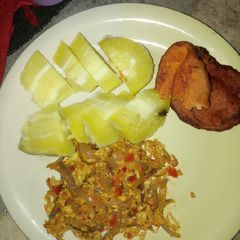 A picture of Boiled sweet potato and egg sauce.