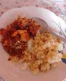 Mandi'o chyryry con arroz blanco y salsa de carne
