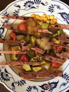 A picture of California Farm Blue Corn Tortilla Soup.