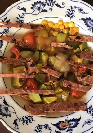 A picture of California Farm Blue Corn Tortilla Soup.