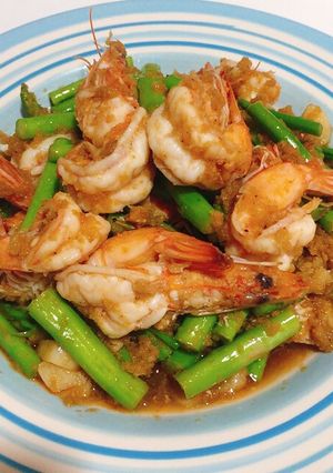 รูปของ หน่อไม้ฝรั่งผัดกุ้ง คีโต