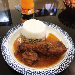 A picture of Rice, beans and stew.