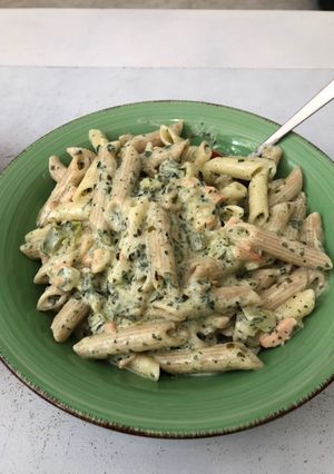 A picture of Pasta with Smoked Salmon and Spinach.