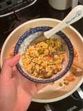 MPASI butter cheese fried rice with beef, scrambled egg and frozen veggies