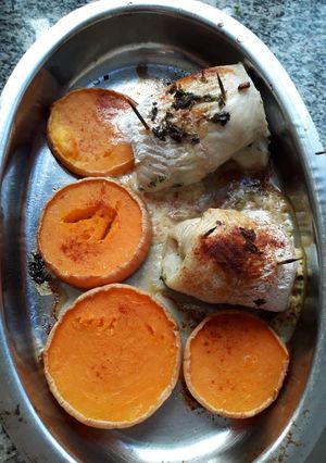Una foto de Filetes rellenos y zapallo al horno