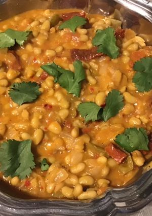 A picture of Flageolets with Onions, Garlic, Sun-Dried Tomatoes, and Homemade Chakchouka.
