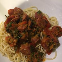 A picture of Spaghetti and chorizo.