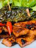 Grilled Sour Pork Wrapped in Betel Leaves – Aquaponics Homegrown Veggie Recipe, Spicy and Delicious!