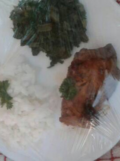 A picture of Steamed rice,grilled chicken and fried spinach.