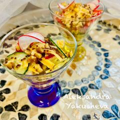 Vegetable salad with radish, cheese and nuts A picture of Vegetable salad with radish, cheese and nuts.