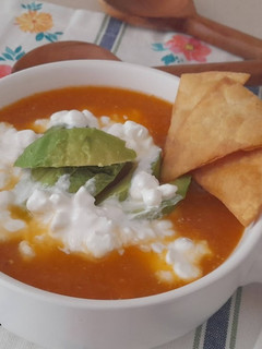 A picture of Aztec Soup or Mexican Tortilla Soup -with Tortilla Chips-.