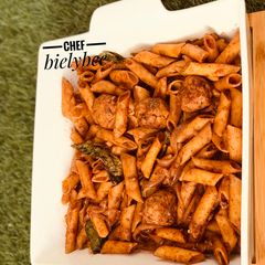 A picture of Italian chicken pasta.