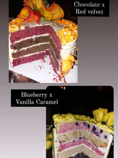 A picture of Red velvet, chocolate,blue berry and vanilla cake.