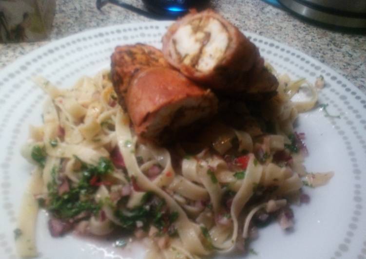 Cajun Chicken wrapped with bacon on Chimichurri Tagliatelle