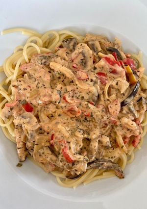 Une photo de Spaghetti aux aubergines et aux champignons