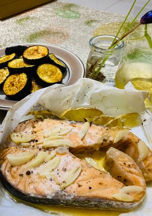 A picture of Baked Lemon Butter Salmon with Roasted Zucchini (Oven Version).
