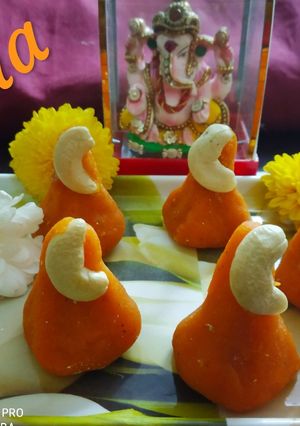 A picture of Ganpati favourite sindoor colour mung daal modak.